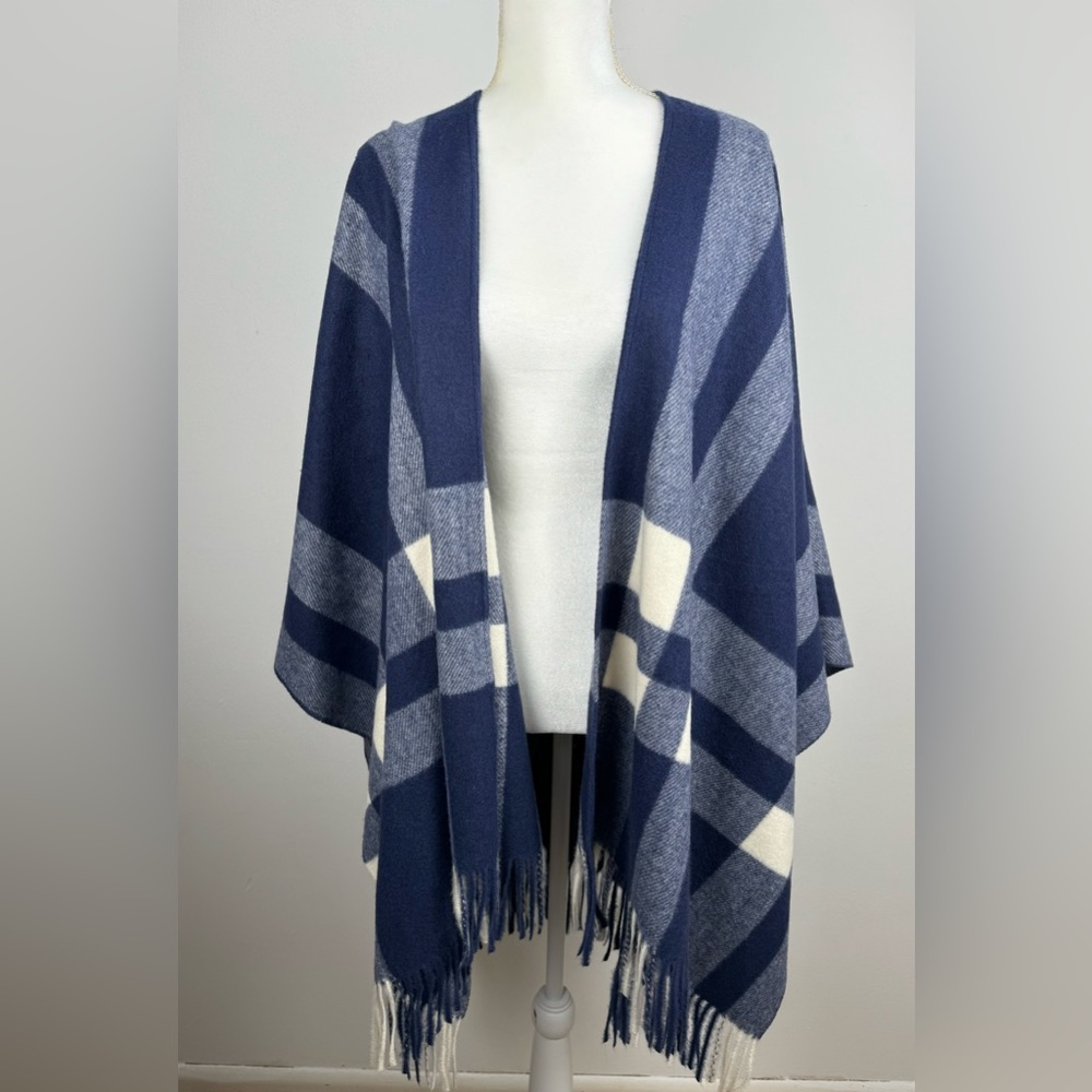 Breezy Lane Fringe Blue & White Plaid Print Boho Open Front Shaw Wrap One Size